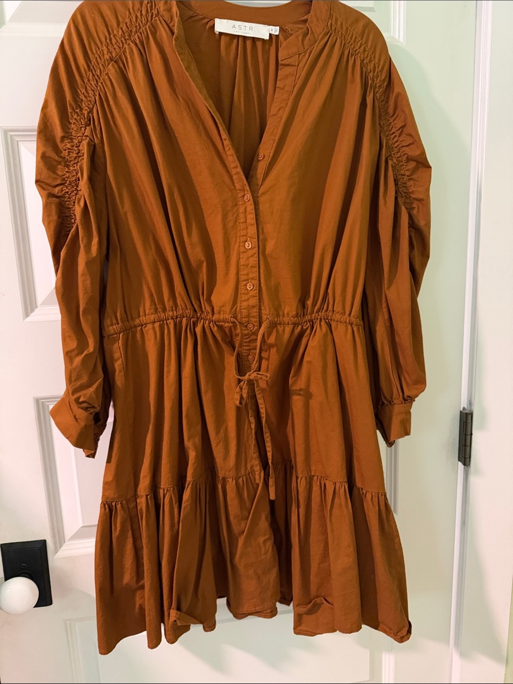 Astr Rust Orange Button-Front Tiered Drawstring Dress